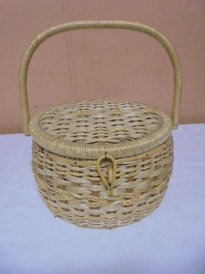 Round Wicker Sewing Basket Full of Sewing Supplies