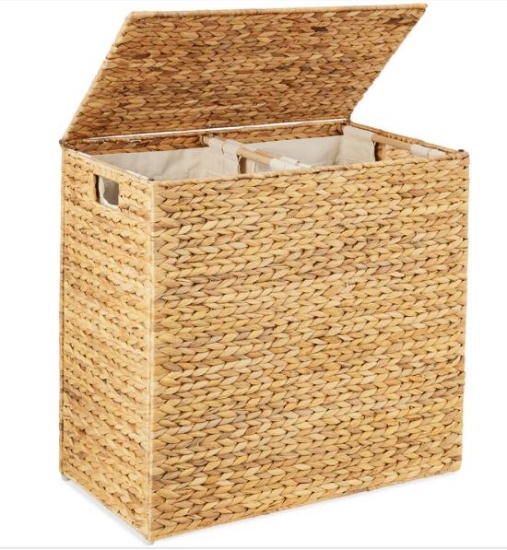 Large Water Hyacinth Double Hamper Basket w/ 2 Liner Bags- MSRP $142.99