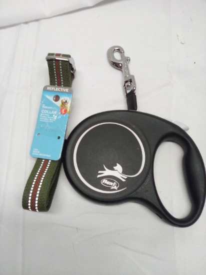 Flexi Retractable Black Leash/ Large Reflective Collar
