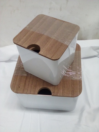 3Pc Set of White Metal Storage Tins w/ Wooden Lids (2 Small Are Stacked)