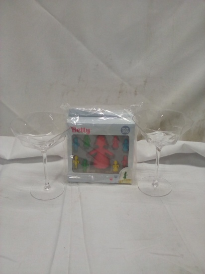2 wine glasses , bottle stopper with charms
