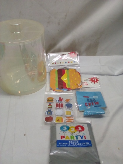 Bbq party lot ice bucket with tongs banners stickers tablecloth