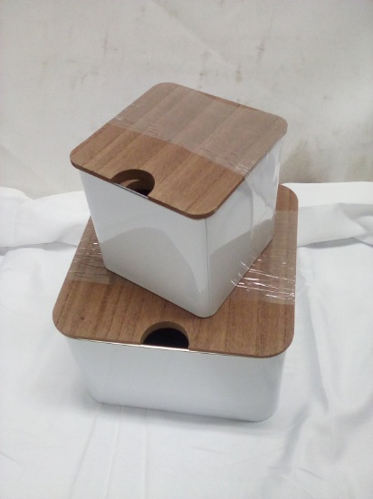 3Pc Set of White Metal Storage Tins w/ Wooden Lids (2 Small Are Stacked)