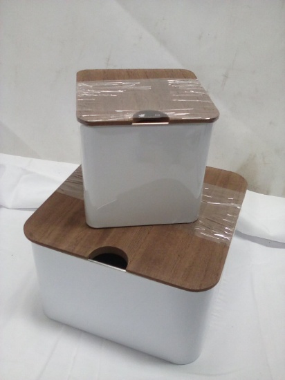 3Pc Set of White Metal Storage Tins w/ Wooden Lids (2 Small Are Stacked)