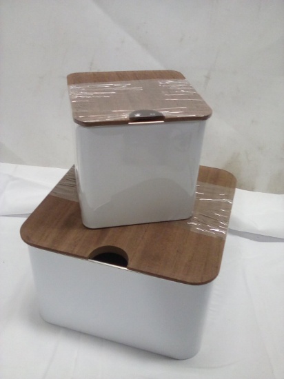 3Pc Set of White Metal Storage Tins w/ Wooden Lids (2 Small Are Stacked)