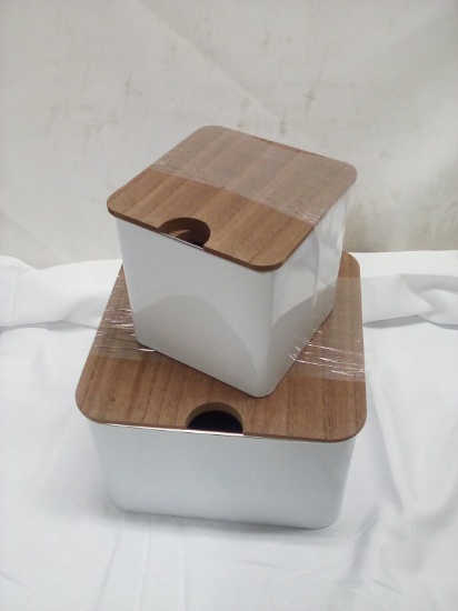 3Pc Set of White Metal Storage Tins w/ Wooden Lids (2 Small Are Stacked)