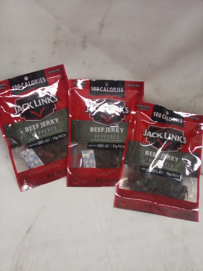 Lot of 3 Jack Links 1.25oz Bags of Peppered Beef Jerky
