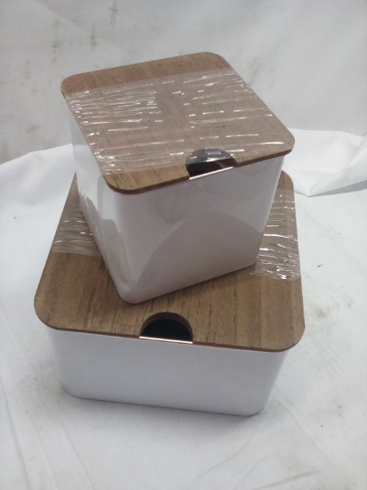 3Pc Set of White Metal Storage Tins w/ Wooden Lids (2 Small Are Stacked)