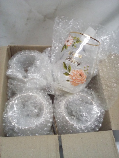 Full Case of 4 Decorative Gold Rimmed “Choose Happy” Stemless Wine Glasses