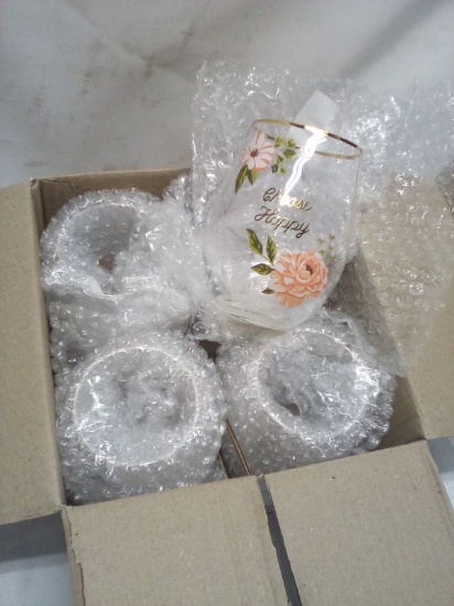 Full Case of 4 Decorative Gold Rimmed “Choose Happy” Stemless Wine Glasses