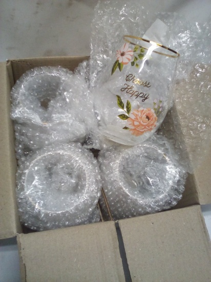 Full Case of 4 Decorative Gold Rimmed “Choose Happy” Stemless Wine Glasses