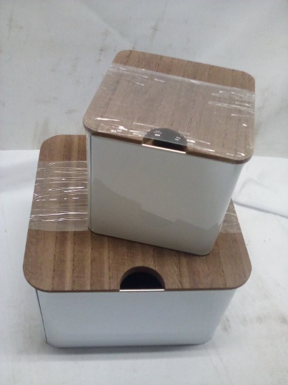 3Pc Set of White Metal Storage Tins w/ Wooden Lids (2 Small Are Stacked)