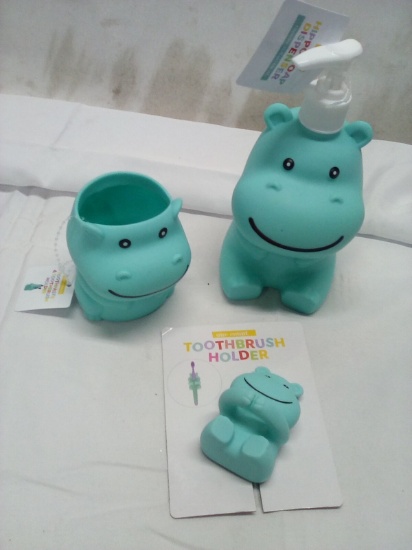 3Pc Decorative Animal Shape Bathroom Accessory Set- Hippo