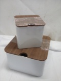 3Pc Set of White Metal Storage Tins w/ Wooden Lids (2 Small Are Stacked)