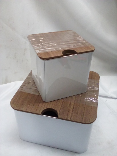3Pc Set of White Metal Storage Tins w/ Wooden Lids (2 Small Are Stacked)