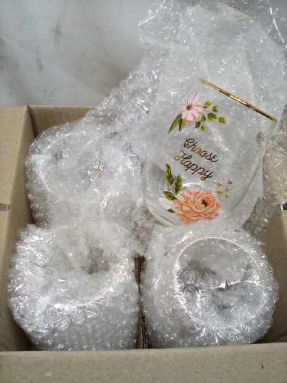 Full Case of 4 Decorative Gold Rimmed “Choose Happy” Stemless Wine Glasses