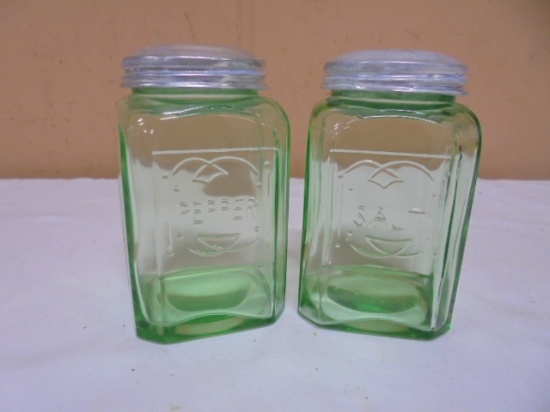 Vintage Set of Green Glass Salt & Pepper Shakers
