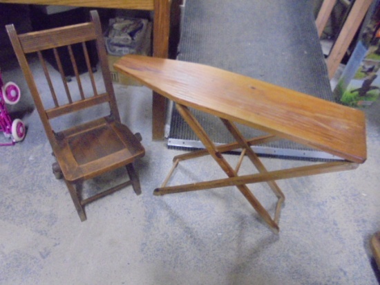 Vintage Wooden Child's Folidng Chair & Ironing Board