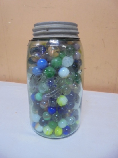 Vintage Blue Glass Ball Quart Jar Full of Marbles
