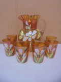 Beautiful Fenton Marigold Carnival Handpainted Pitcher & 6 Matching Glasses