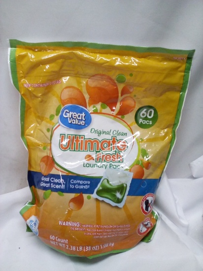 60Cnt Bag of Great Value Original Clean Ultimate Fresh Laundry Pacs