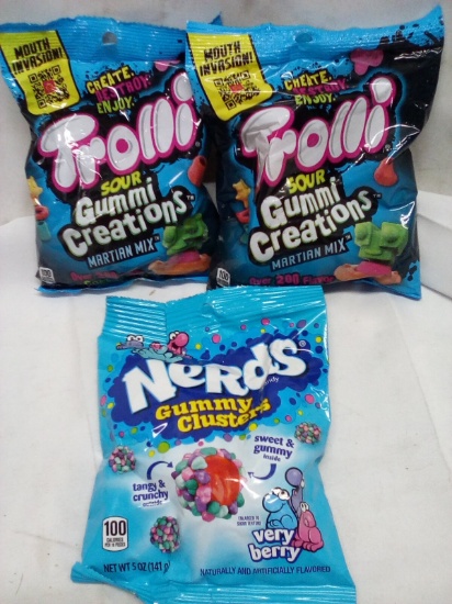 Qty 2 Trolli Sour Gummi Creations/ qty 1 Nerds Gummy Clusters