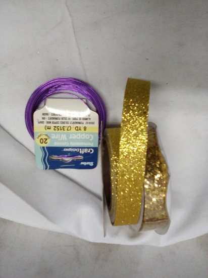 Qty 2 Gold Sparkle Ribbon 0.625” x 3yards/ Purple Copper Wire 8yards