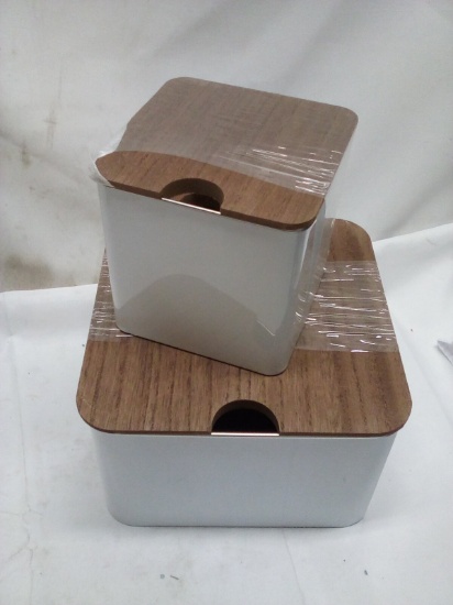 3Pc Set of White Metal Storage Tins w/ Wooden Lids (2 Small Are Stacked)