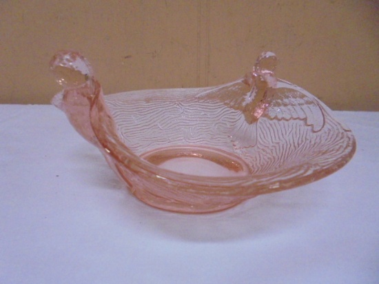 Vintage Fenton Pink Birds Nest Bowl w/ Flying Bird Handles