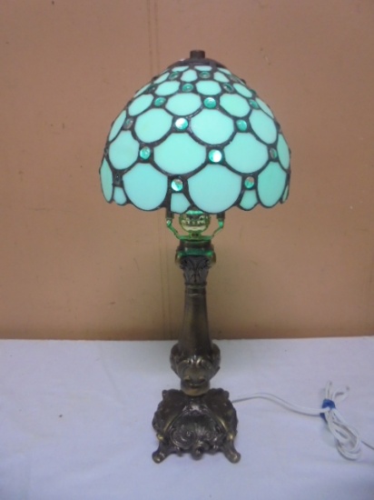 Beautiful Ornate Metal Lamp w/ Leaded Glass Shade