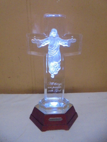 Beautiful Lighted Lead Crystal Cross on Wooden Base