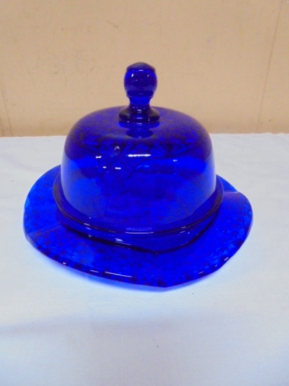 Vintage Cobalt Blue Daisy & Button Ruffled Covered Butter Dish