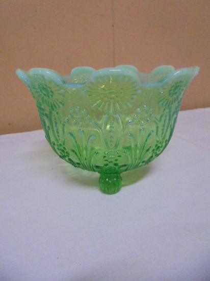 Antique Northwood Pearl Flowers Green Opalescent Footed Bowl
