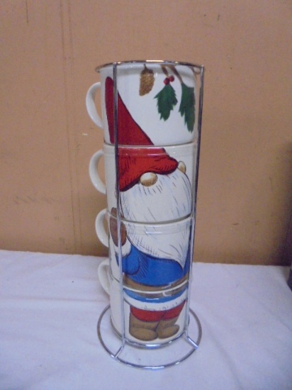 4pc Set of Gnome Mugs in Stainless Steel Rack
