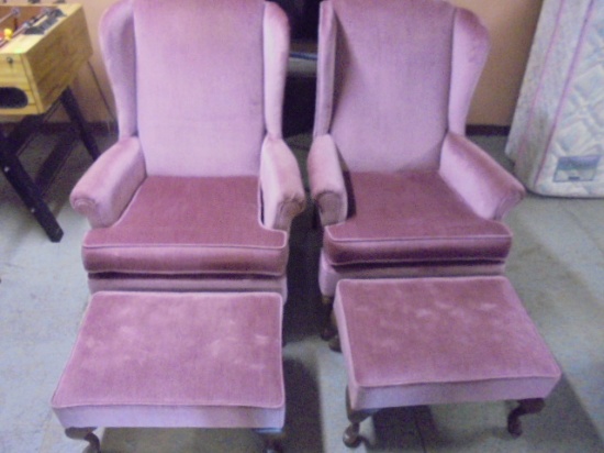 2 Matching Mauve Upholstered Wing Back Chairs w/ Matching Ottomans