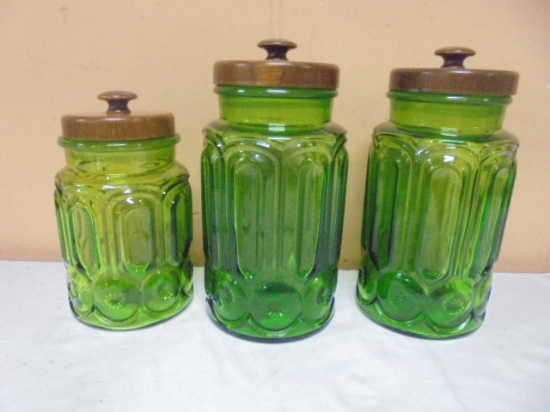 Vintage LE Smith Green Moon & Stars Glass Canister Set w/ Wood Lids