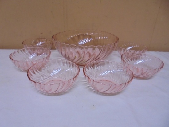 Vintage 7pc Arcorol France Rosaline Pink Swirl Salad Set