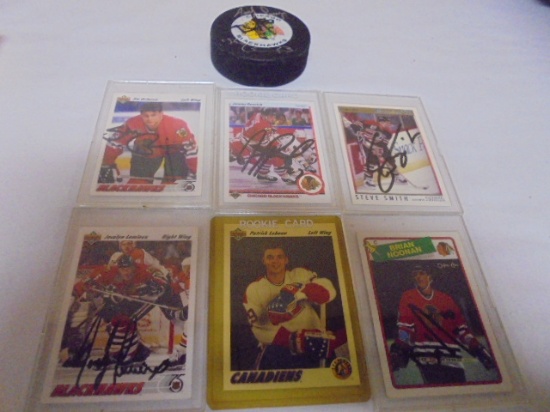 Autographed Chicago Blackhawks Puck & 6 Autographed Cards