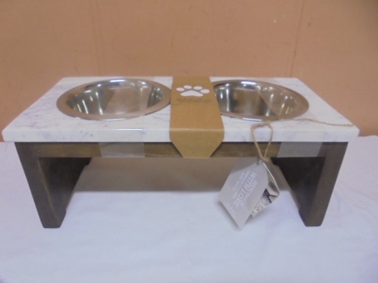 Wood & Marble Elevated Pet Dish w/ 2 Stainless Bowls