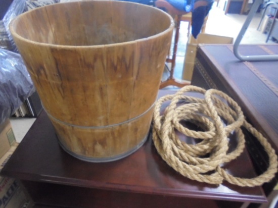 Vintage Wooden Bucket & Rope