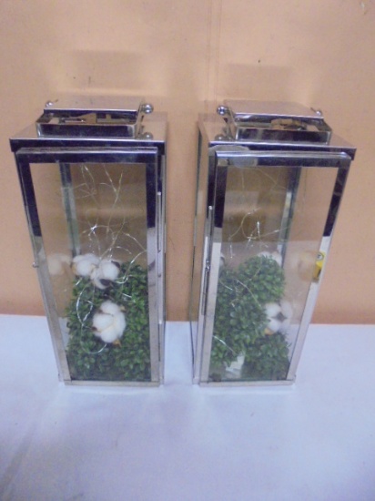 2 Matching Metal & Glass Decorated Candle Lanterns