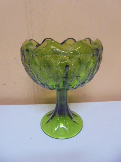 Vintage Indiana Glass Buette Avocado Green Diamond Quilt Compote