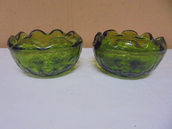 2 Vintage Indiana Glass Buette Avocado Green Diamond Quilt Rose Bowls