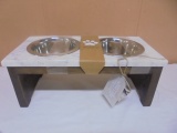 Wood & Marble Elevated Pet Dish w/ 2 Stainless Bowls