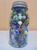 Vintage Blue Glass Quart Ball Jar Full of  Marbles