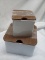 3Pc Set of White Metal Storage Tins w/ Wooden Lids (2 Small Are Stacked)