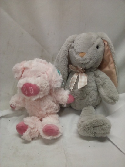 Qty 2 Fluffy Plush Animals- Pig 11”/ Bunny 14”