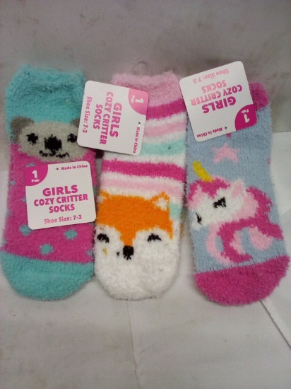 Qty 3 Girls Cozy Critter Socks Shoe Size 7-3