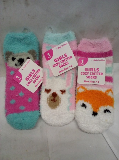 Qty 3 Girls Cozy Critter Socks Shoe Size 7-3