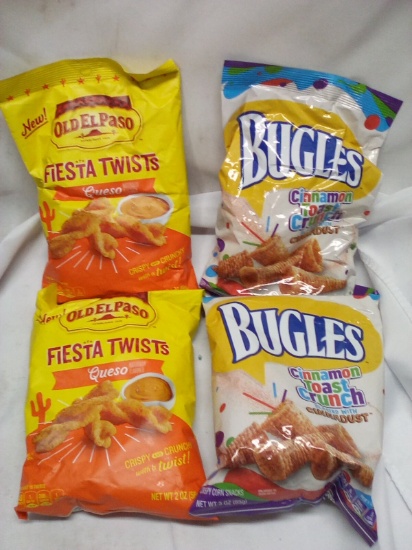 Qty 2 Fiesta Twist Queso 2oz/ Qty 2 Bugles Cinnamon Toast Crunch 3oz